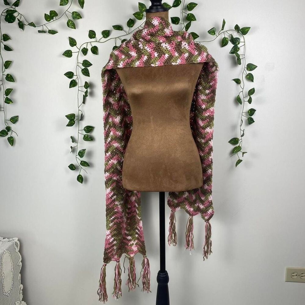 Handmade crochet scarf pink green brown fairy cottage book girlie preppy twee